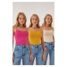 Happiness İstanbul Women's Dark Pink Dark Yellow Cream 3-Pack Rope Halter Knitted Blouse