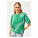 Olalook Women's Grass Green Striped Casual T-Shirt