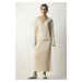 Happiness İstanbul Women's Cream Ribbed Sweater Skirt Knitwear Suit