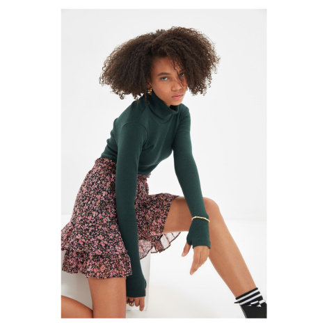 Trendyol Emerald Green Fitted/Situated Turtleneck Toe Detail Ribbed Flexible Knitted Blouse