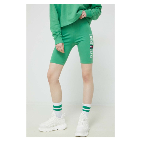 Šortky Tommy Jeans dámske, zelená farba, s nášivkou, vysoký pás Tommy Hilfiger