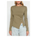 Trendyol Khaki Knitted Blouse With One Slit Detail Cotton Pleated Round Neck