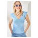 Olalook Women's Baby Blue Shoulder And Skirt Detailed Front Back V Knitwear Blouse