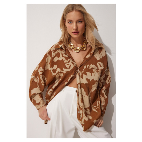 Happiness İstanbul Women's Brown Patterned Oversized Cotton Satin Shirt