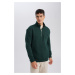 DEFACTO Men's Dark Green Comfort Fit Stand Collar Zippered Thick Basic Plain Sweatshirt