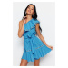 Trendyol Blue Belted Mini Weave Stripe Accessoried One-Shoulder 100% Cotton Beach Dress