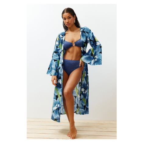 Trendyol Floral Patterned Belted Maxi Woven 100% Cotton Kimono & Kaftan