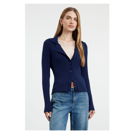 Trendyol Navy Blue Premium Yarn/Special Yarn Polo Neck Knitted Cardigan