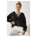 Happiness İstanbul Women's Black Cross String Summer Openwork Knitwear Sweater