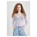 DEFACTO Fitted V-Neck Tulle Long Sleeve Blouse