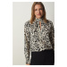 Happiness İstanbul Women's Cream Black Window Detail Patterned Woven Blouse