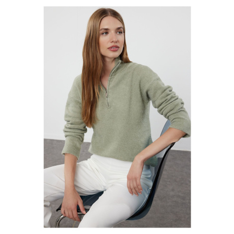 Trendyol Mint Wool Stand Collar Zippered Knitwear Sweater