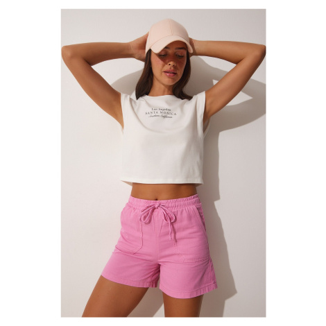 Happiness İstanbul Women's Pink Pocket Linen Gabardine Shorts