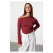 Trendyol Burgundy Draped Boat Neck Asymmetrical Flexible Knitted Blouse