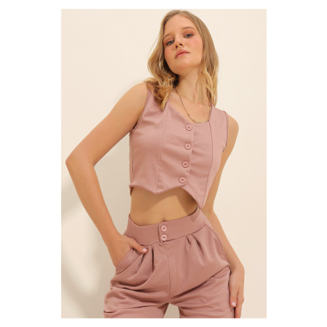 Trend Alaçatı Stili Women's Powder Pink Sweetheart Collar Buttoned Crop Vest