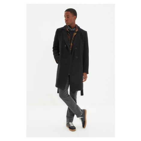 Trendyol Black Regular Fit Double Breasted Closure Belted Tie Detailed Long Cashmere Winter Coat