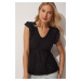 Happiness İstanbul Women's Black Ruffles Lightweight Sheer Knitted Blouse