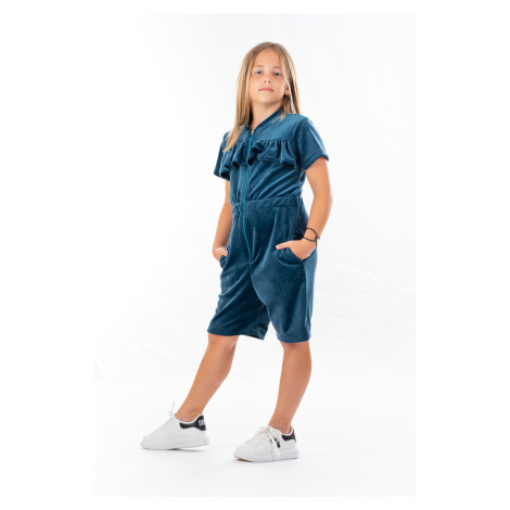 Dendy Dievčenský overal plyšový krátký z volánikom Navy blue