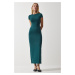 Happiness İstanbul Women's Emerald Green Crew Neck Saran Sandy Knitted Dress