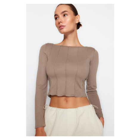 Trendyol Beige Stitch Detail Carmen Collar Fitted/Situated Ribbed Knitted Blouse