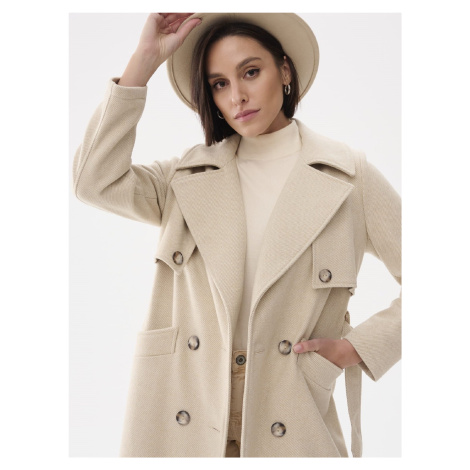 Beige double-breasted coat with Blue Shadow belt