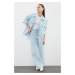 Trendyol Blue Oversize Pattern Seasonal Knitted Cashmere Shacket Thin Jacket Coat