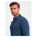 Ombre Men's cotton shirt with floral motif - navy blue