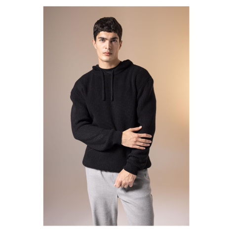 DEFACTO Black Relax Fit Hooded Basic Plain Knitwear Sweater