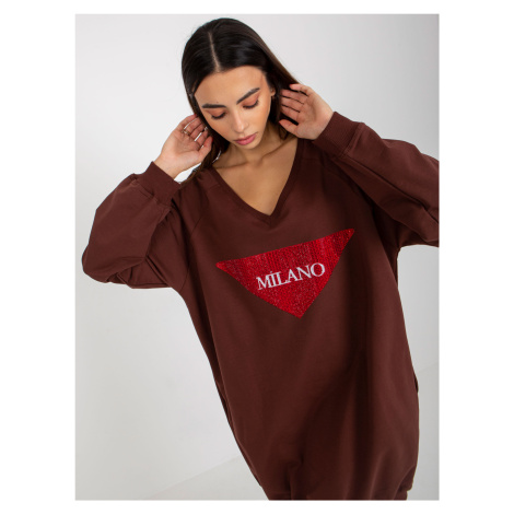 Dark brown oversized long sweatshirt with appliqué and inscription