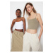 Trendyol Khaki-White 2 Pack Cotton Spaghetti Strap Crop Flexible Knitted Undershirt