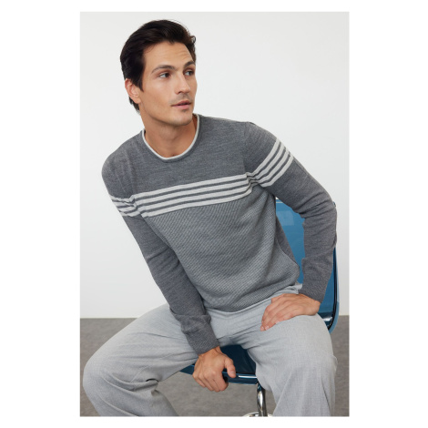 Trendyol Anthracite Slim Crewneck Striped Knitwear Sweater