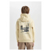 DEFACTO Boy Beige Regular Fit Hooded Back Printed Thick Sweatshirt