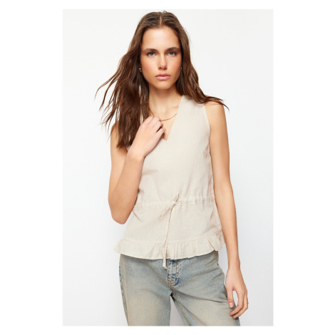 Trendyol Stone Woven V-Neck Tie Blouse