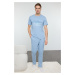 Trendyol Men's Blue Crew Neck Printed Knitted 100% Cotton Pajama Set