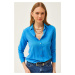 Olalook Women's Leopard Blue Jacquard Satin Detailed Woven Shirt