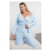 Trendyol Curve Baby Blue Brushed Soft Ribbed Cardigan Knitted Pajama Set