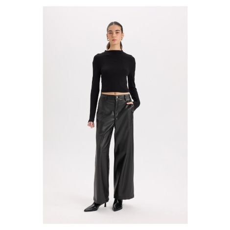 DEFACTO Culotte High Waist Wide Leg Faux Leather Pants with Pockets