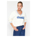 Trendyol White Thick Fleece Inner Tricot Tape Detailed V-Neck Oversized Knitted Sweatshirt