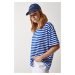 Happiness İstanbul Women's Blue Crew Neck Striped Oversize Knitted T-Shirt