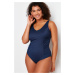 Trendyol Curve Navy Deep V Knitted Lifting Effect Swimsuit