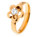 Oceľový prsteň v zlatom odtieni, kvietok, vyvýšený okrúhly zirkón čírej farby - Veľkosť: 54 mm