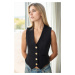 32534 Dewberry Metal Button Detailed Tweed Women Vest-BLACK