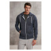 GRIMELANGE Core Men's Zippered High Collar Hooded Drawstring Fleece Inner Navy Blue Sweatshirt