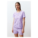 Trendyol Lilac Cotton Animal Pattern Knitted Pajamas Set