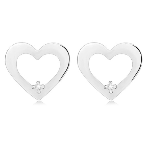 Diamantové náušnice zo striebra 925 - obrys srdca s čírym briliantom, puzetky