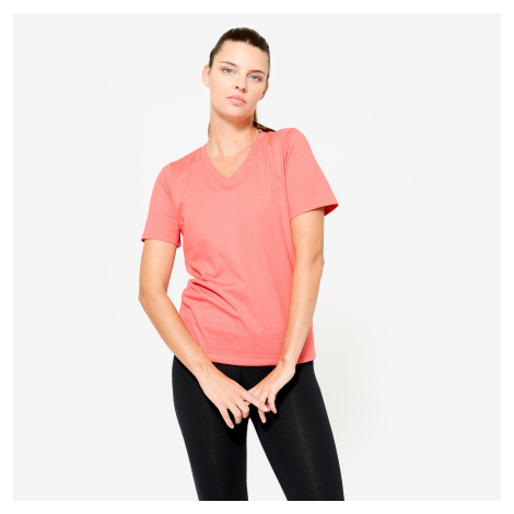 Dámske tričko na fitness s výstrihom do V, bavlnené, ružové DOMYOS