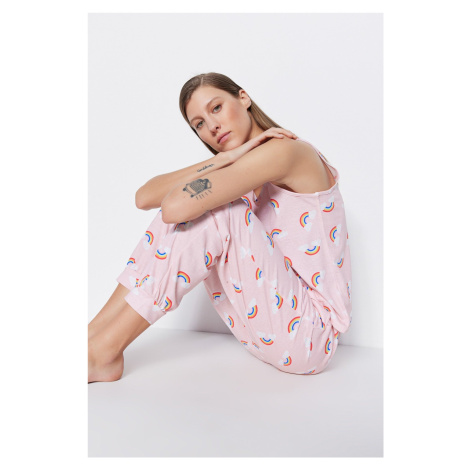 Trendyol Light Pink Rainbow Patterned Undershirt-Pants Knitted Pajamas Set