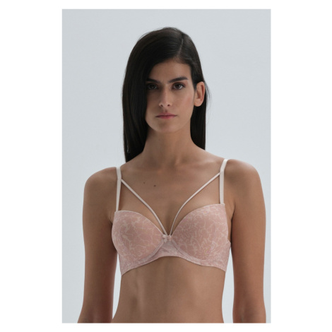 Dagi Dark Pink Semi-Padded, Patterned Tulle Bra with String Detail on the Breast