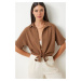 Happiness İstanbul Women's Brown Tie Detailed Linen Blouse