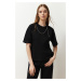 Trendyol Black 100% Cotton Relaxed/Comfortable Fit Chain Detailed Knitted T-Shirt